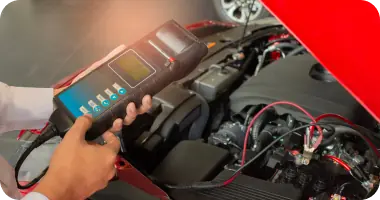 A mechanic connecting a diagnostic tool to a car's electronic system, with a red glow highlighting the engine bay.