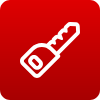 a white key icon inside a red rounded square background