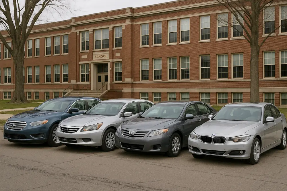 Domestic, Asian, and European vehicles lined up in front of a school building, including a Toyota, Honda, and BMW, representing a mix of car types.